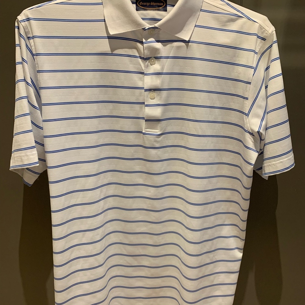 George Sherman Men’s White with Blue Striped Polo Shirt size medium